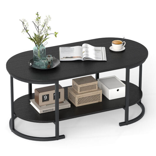 Oval Coffee Table 2-Tier Wooden Accent Table with Spacious Tabletop and Open Storage Shelf-Black - Color: Black
