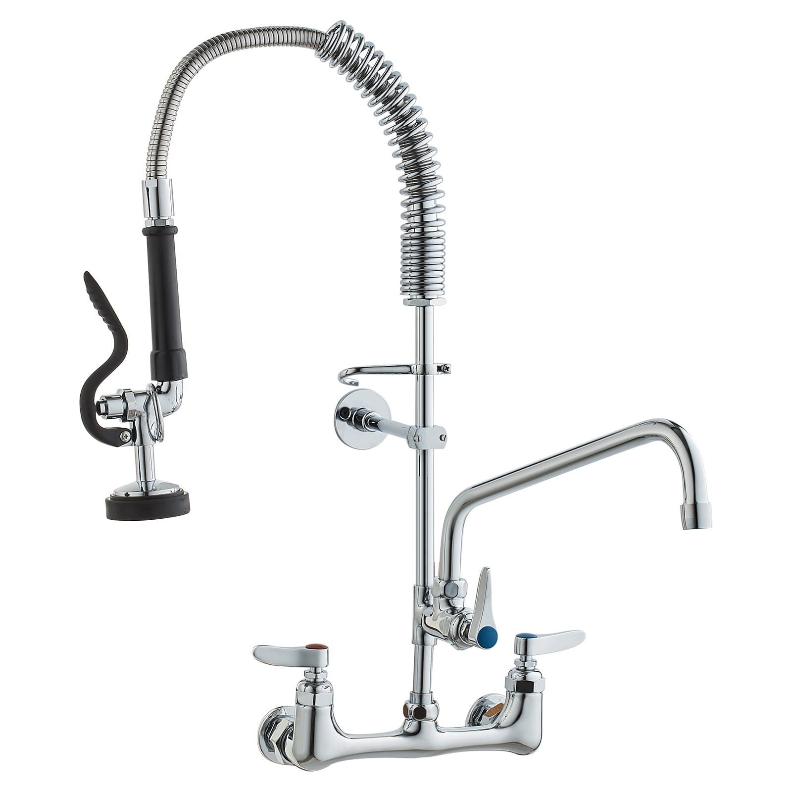 Wall-Mounted Kitchen Faucet, 25" Tall, 8" Center Distance, 12" Rotatable Spout, Includes Pre-Rinse Spray, Brass Build, Pull-Down Feature, Suitable for Multi-Compartment Sinks