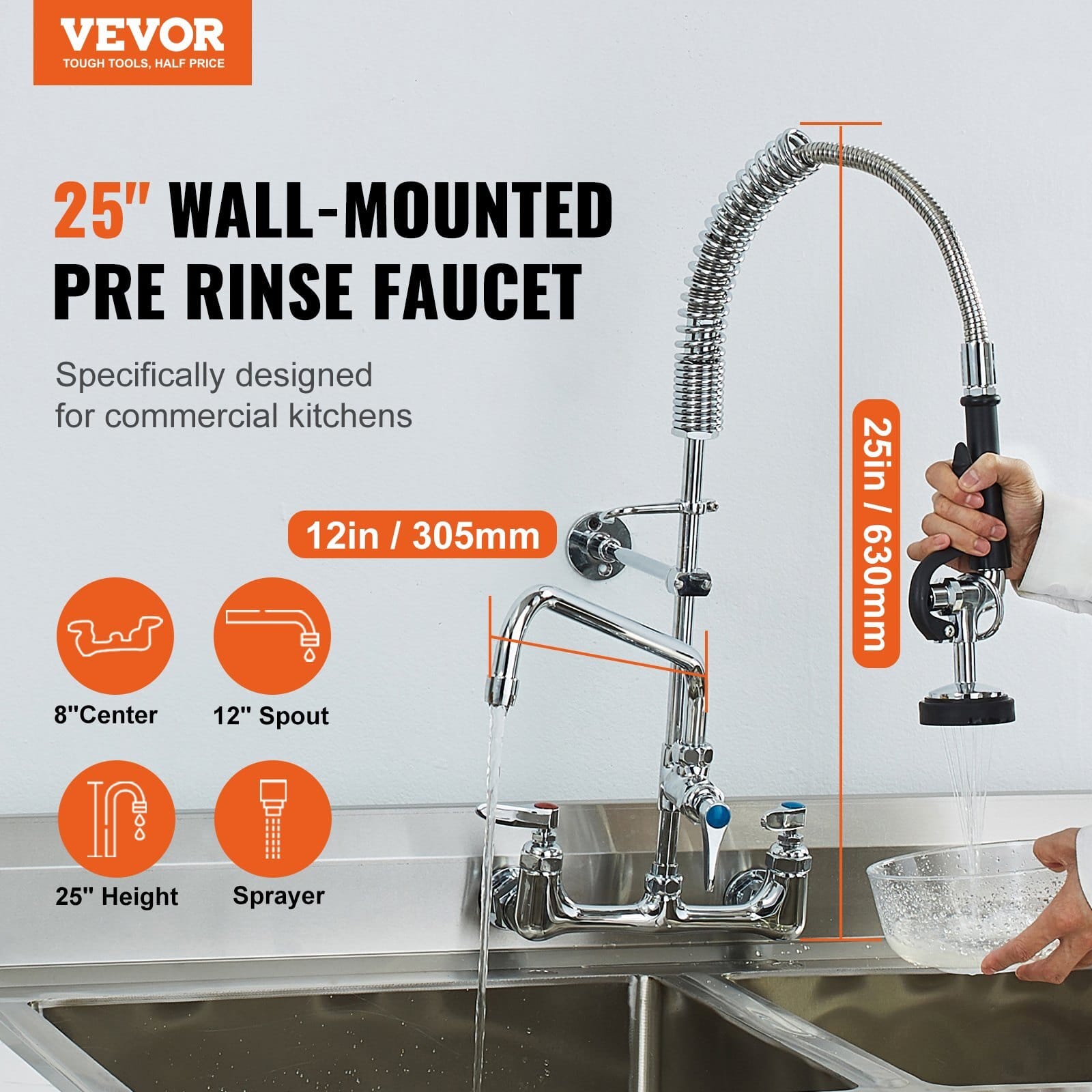 Wall-Mounted Kitchen Faucet, 25" Tall, 8" Center Distance, 12" Rotatable Spout, Includes Pre-Rinse Spray, Brass Build, Pull-Down Feature, Suitable for Multi-Compartment Sinks