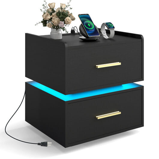 Nightstand with Charging Station LED Bedside Table with 2 Storage Drawers-Black - Color: Black
