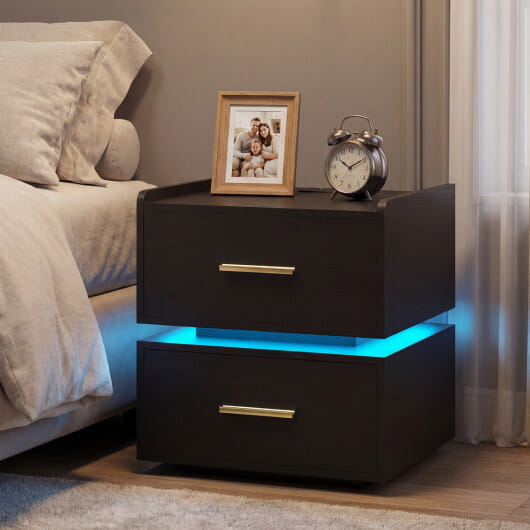 Nightstand with Charging Station LED Bedside Table with 2 Storage Drawers-Black - Color: Black