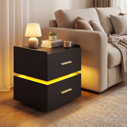Nightstand with Charging Station LED Bedside Table with 2 Storage Drawers-Black - Color: Black