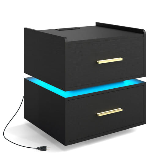 Nightstand with Charging Station LED Bedside Table with 2 Storage Drawers-Black - Color: Black