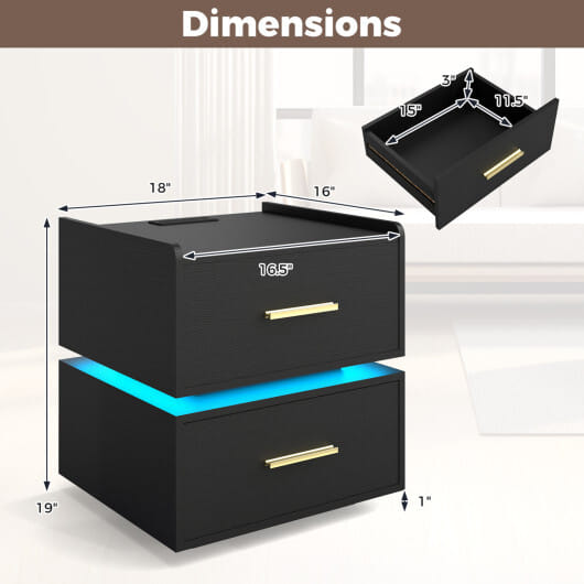 Nightstand with Charging Station LED Bedside Table with 2 Storage Drawers-Black - Color: Black
