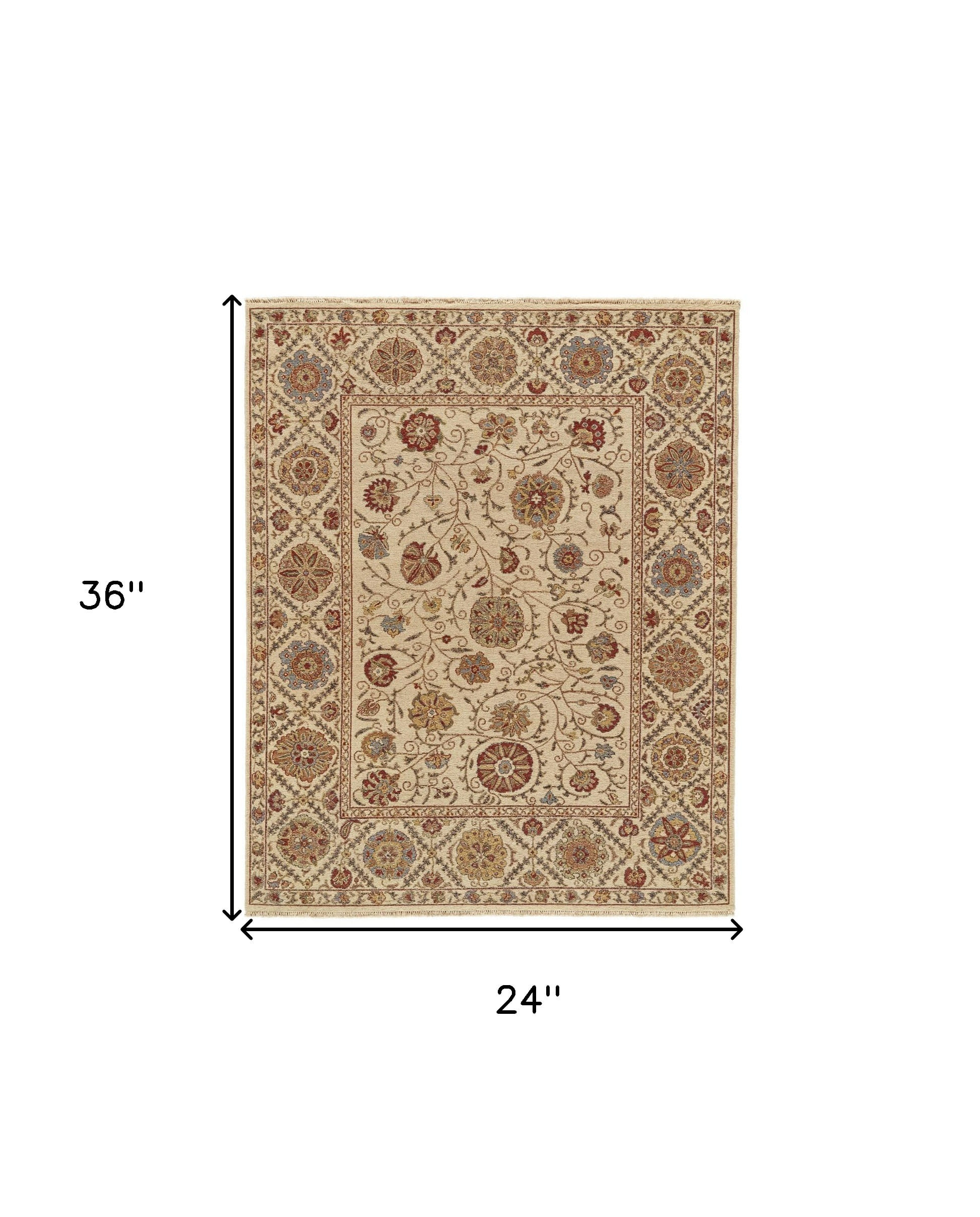2' X 3' Red Tan and Gold Wool Oriental Hand Knotted Area Rug