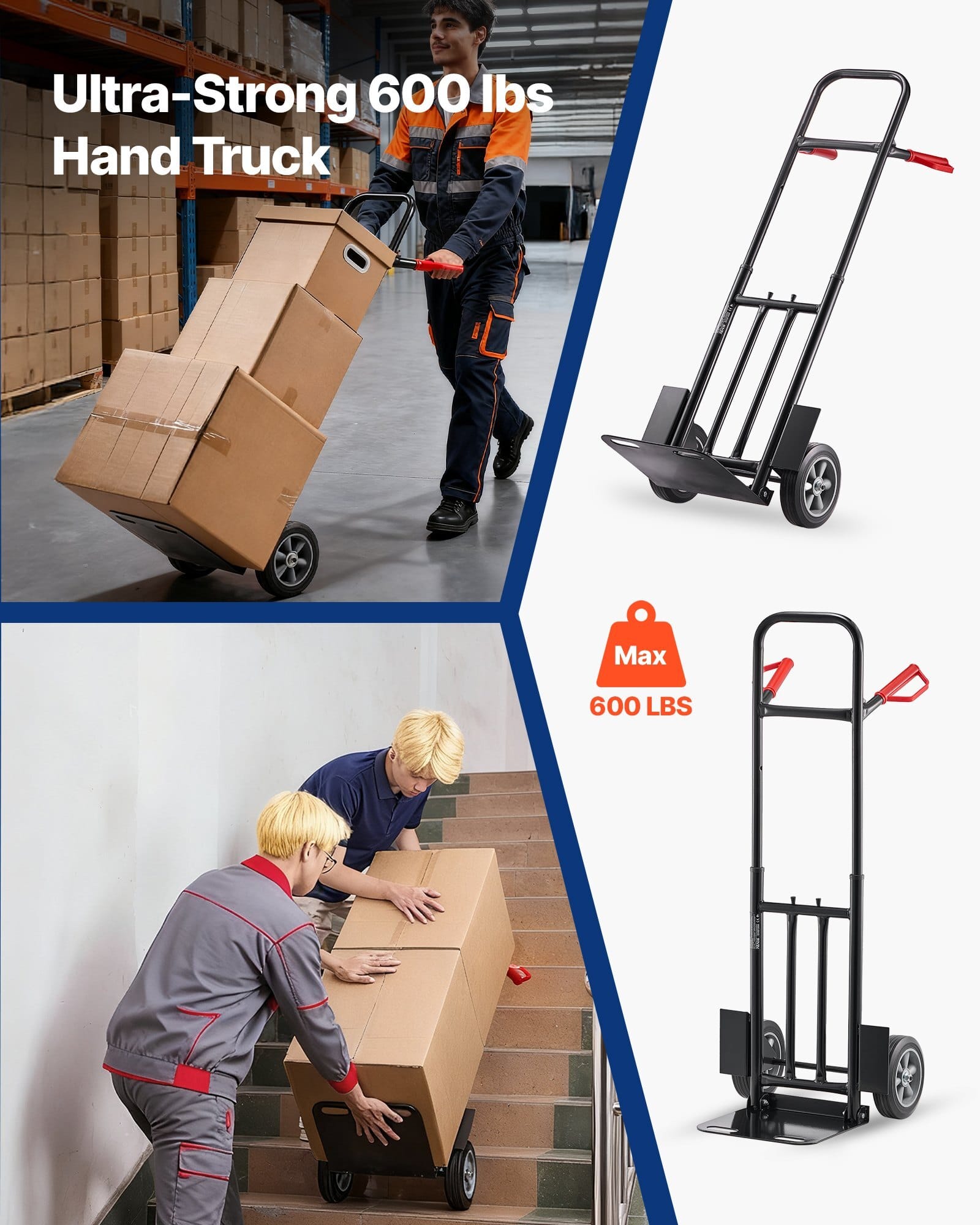 Hand Truck, 600 lbs Load Capacity, Heavy-Duty Hand Truck Dolly with Wheels & Telescoping Handle, Portable Trolley Dolly with Tie-down Strap for Moving Home, Office, Warehouse, Supermarket