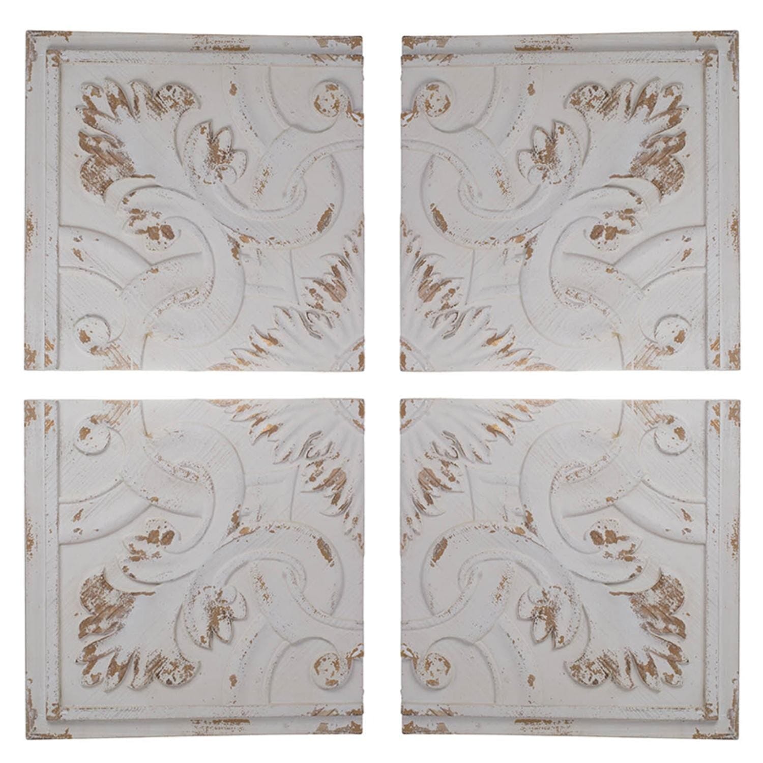 Set of 4 Whitewashed Arabesque Carved Wall Art