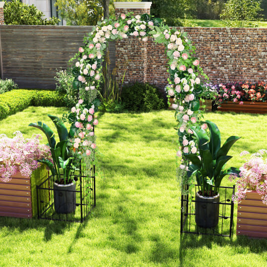 2 in 1 Garden Arbor with 2 Side Planters and 8 Ground Stakes-Black