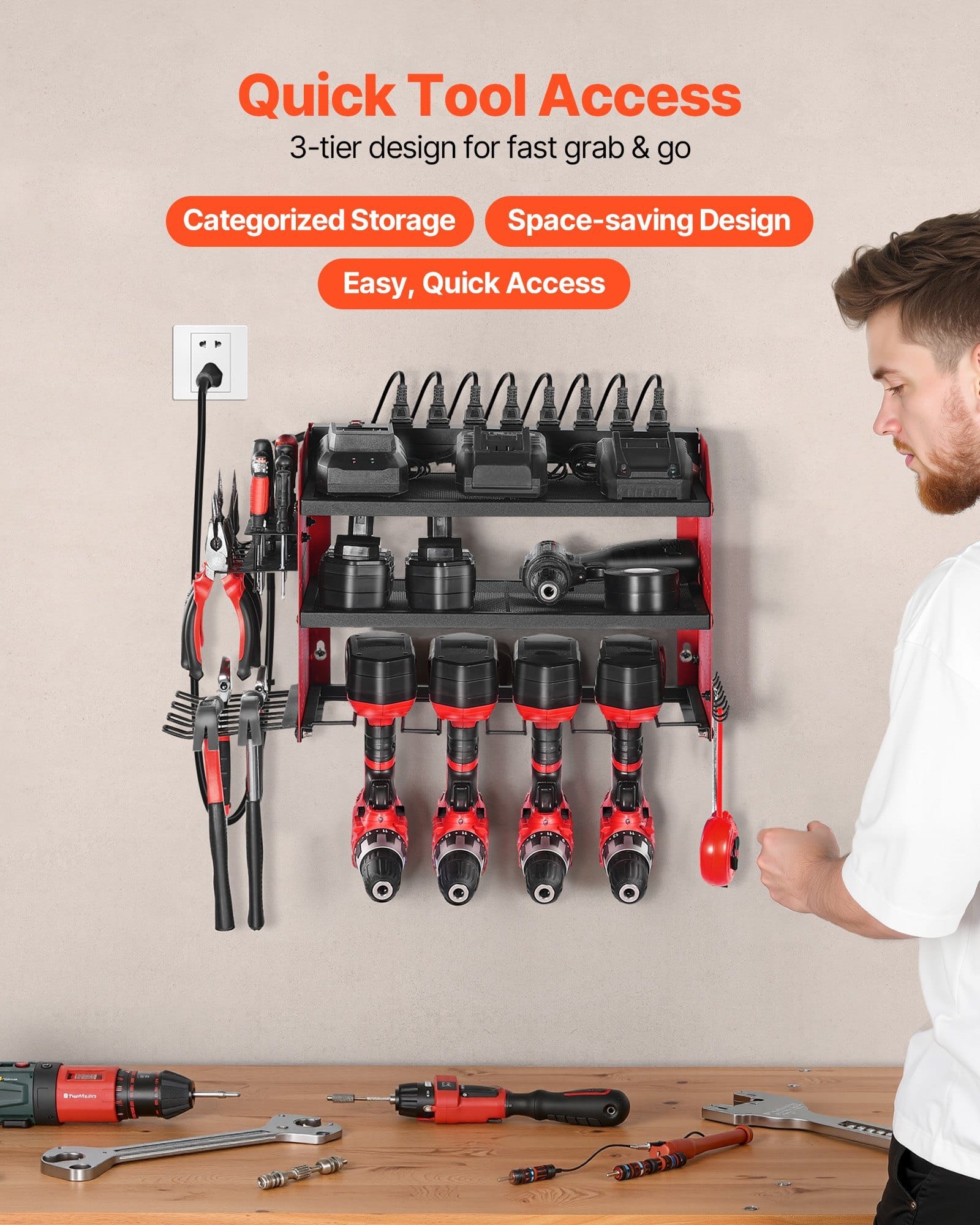 Power Tool Organizer with Charging Station, 3-Layer Drill Storage Rack with 4 Drill Holders & Side Pegboard, Garage Tool Organizer Built in 8 Outlet Power Strips for Garage, Workbench, Workshop