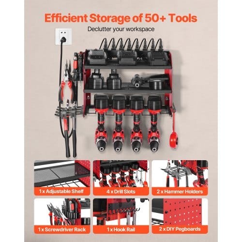Power Tool Organizer with Charging Station, 3-Layer Drill Storage Rack with 4 Drill Holders & Side Pegboard, Garage Tool Organizer Built in 8 Outlet Power Strips for Garage, Workbench, Workshop
