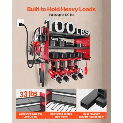 Power Tool Organizer with Charging Station, 3-Layer Drill Storage Rack with 4 Drill Holders & Side Pegboard, Garage Tool Organizer Built in 8 Outlet Power Strips for Garage, Workbench, Workshop