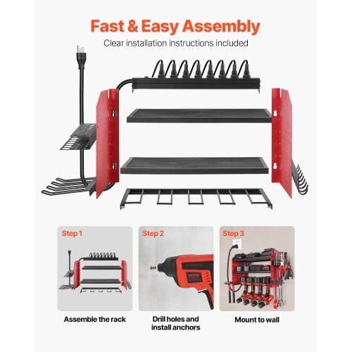 Power Tool Organizer with Charging Station, 3-Layer Drill Storage Rack with 4 Drill Holders & Side Pegboard, Garage Tool Organizer Built in 8 Outlet Power Strips for Garage, Workbench, Workshop