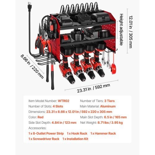 Power Tool Organizer with Charging Station, 3-Layer Drill Storage Rack with 4 Drill Holders & Side Pegboard, Garage Tool Organizer Built in 8 Outlet Power Strips for Garage, Workbench, Workshop