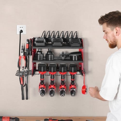 Power Tool Organizer with Charging Station, 3-Layer Drill Storage Rack with 4 Drill Holders & Side Pegboard, Garage Tool Organizer Built in 8 Outlet Power Strips for Garage, Workbench, Workshop