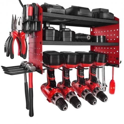 Power Tool Organizer with Charging Station, 3-Layer Drill Storage Rack with 4 Drill Holders & Side Pegboard, Garage Tool Organizer Built in 8 Outlet Power Strips for Garage, Workbench, Workshop