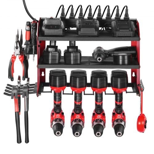 Power Tool Organizer with Charging Station, 3-Layer Drill Storage Rack with 4 Drill Holders & Side Pegboard, Garage Tool Organizer Built in 8 Outlet Power Strips for Garage, Workbench, Workshop