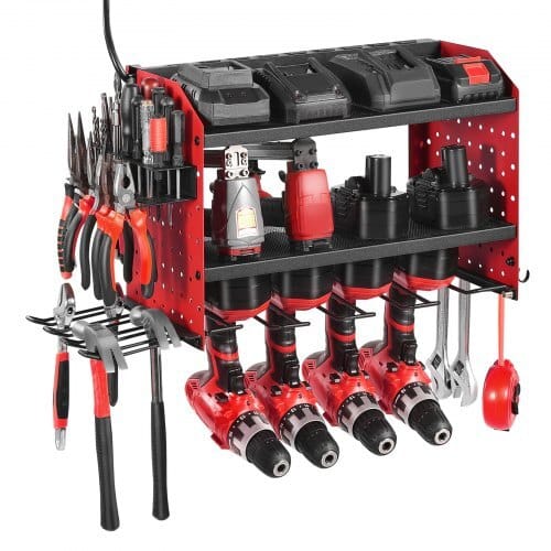 Power Tool Organizer with Charging Station, 3-Layer Drill Storage Rack with 4 Drill Holders & Side Pegboard, Garage Tool Organizer Built in 8 Outlet Power Strips for Garage, Workbench, Workshop