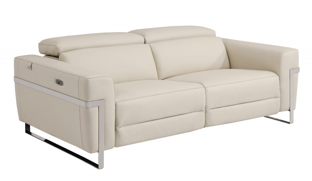 83" Beige Italian Leather USB Reclining Sofa With Silver Legs