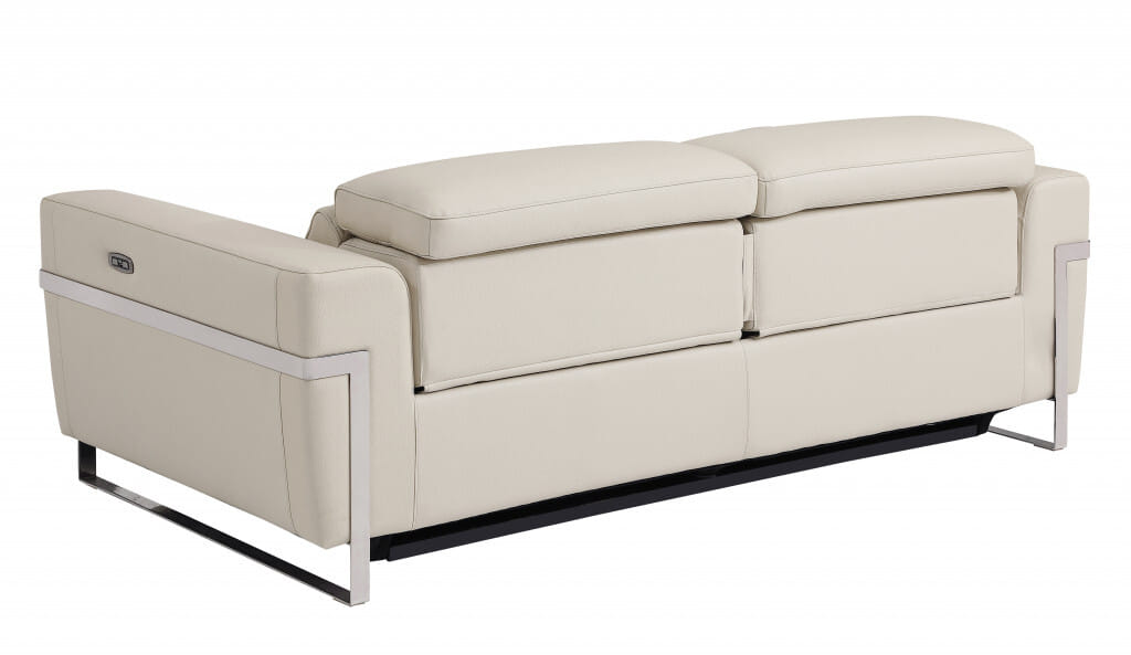 83" Beige Italian Leather USB Reclining Sofa With Silver Legs