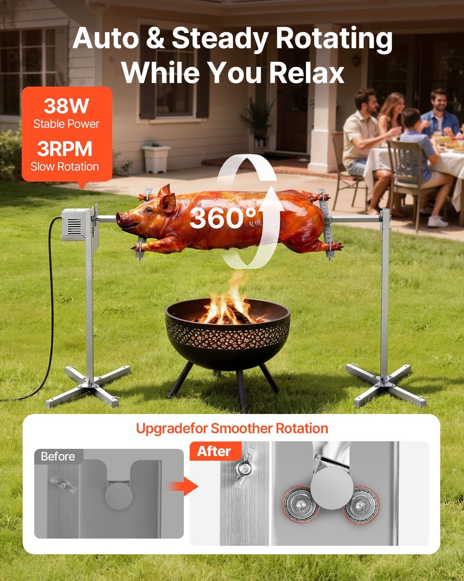 Rotisserie Grill, AC120V 8 Level Height Electric Rotisserie Grill Kit, BBQ Grills Rotisseries Kit with 132 lbs Load Capacity, 38W Motor, Stainless Steel Automatic Grilling Kits for Parties