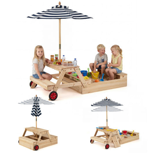 2-in-1 Wooden Sandbox with Foldable Umbrella and Convertible Picnic Table-Blue