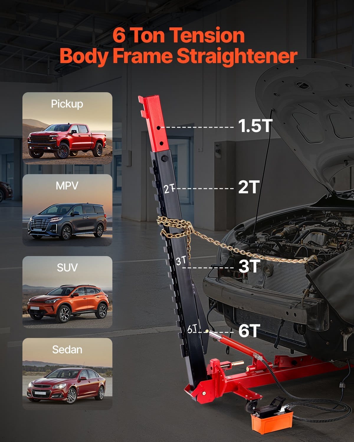 Auto Body Frame Puller Straightener, 6T Tension Car Body Repair Equipment with 6000PSI Hydraulic Foot Pump & Swivel Post, Includes 16 Straightening Tools, for Auto Repair Shop, Sedan SUV Pickup