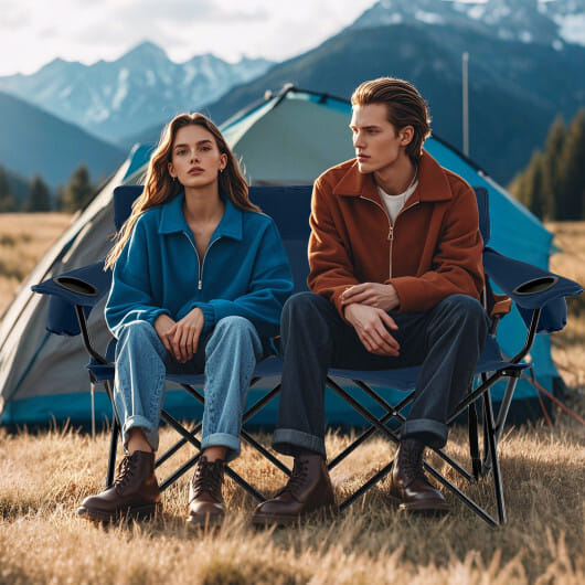 Double Camping Chair 2-Person Outdoor Folding Loveseat with Cup Holders-Blue - Color: Blue