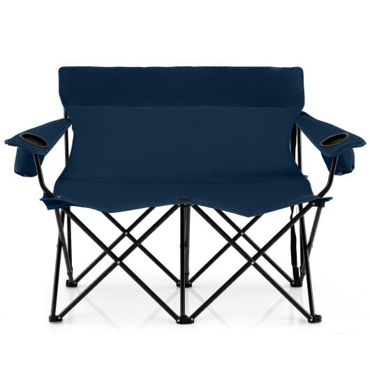 Double Camping Chair 2-Person Outdoor Folding Loveseat with Cup Holders-Blue - Color: Blue