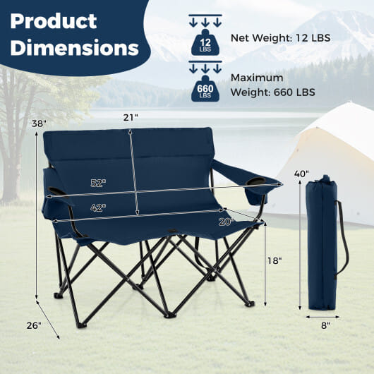 Double Camping Chair 2-Person Outdoor Folding Loveseat with Cup Holders-Blue - Color: Blue