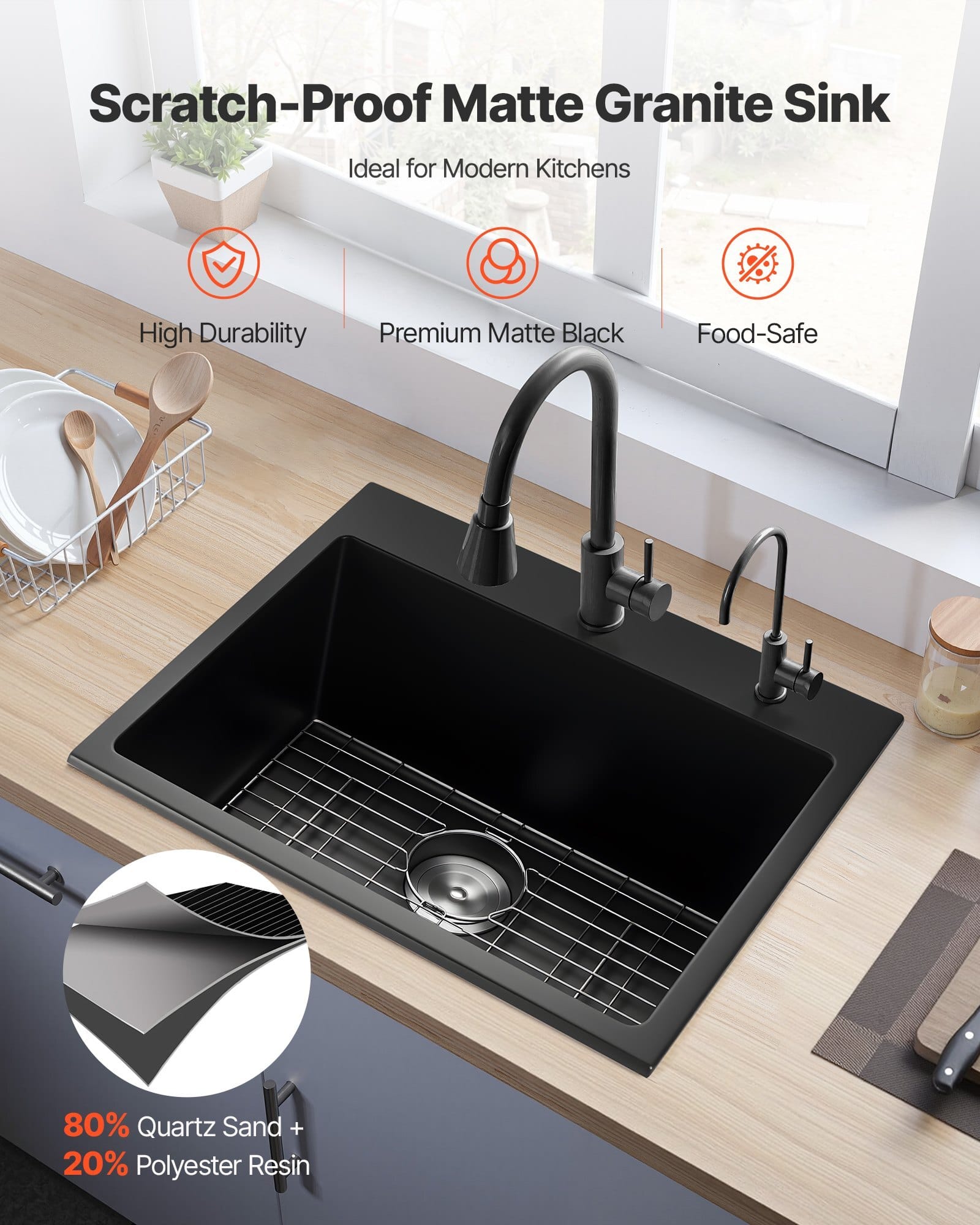 25 inch Kitchen Sink Workstation, Top Mount Granite Sinks, Drop-In Single Bowl Farmhouse Basin with Multiple Accessories, Household Dishwasher Sinks for RV, Prep Kitchen, and Bar (Black)