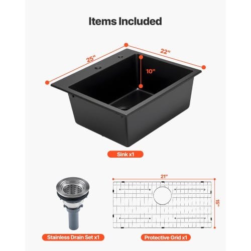 25 inch Kitchen Sink Workstation, Top Mount Granite Sinks, Drop-In Single Bowl Farmhouse Basin with Multiple Accessories, Household Dishwasher Sinks for RV, Prep Kitchen, and Bar (Black)