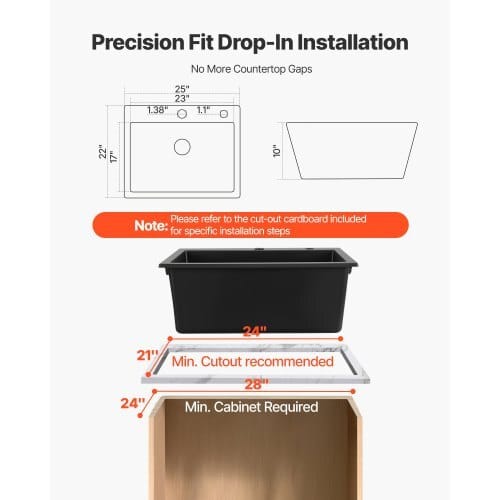 25 inch Kitchen Sink Workstation, Top Mount Granite Sinks, Drop-In Single Bowl Farmhouse Basin with Multiple Accessories, Household Dishwasher Sinks for RV, Prep Kitchen, and Bar (Black)