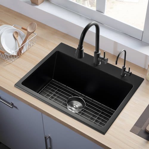 25 inch Kitchen Sink Workstation, Top Mount Granite Sinks, Drop-In Single Bowl Farmhouse Basin with Multiple Accessories, Household Dishwasher Sinks for RV, Prep Kitchen, and Bar (Black)