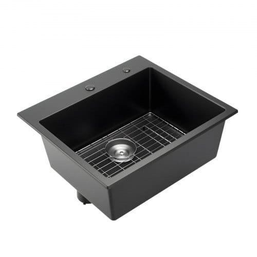 25 inch Kitchen Sink Workstation, Top Mount Granite Sinks, Drop-In Single Bowl Farmhouse Basin with Multiple Accessories, Household Dishwasher Sinks for RV, Prep Kitchen, and Bar (Black)