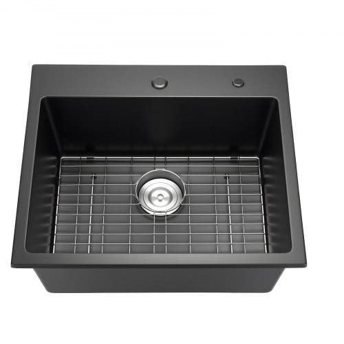 25 inch Kitchen Sink Workstation, Top Mount Granite Sinks, Drop-In Single Bowl Farmhouse Basin with Multiple Accessories, Household Dishwasher Sinks for RV, Prep Kitchen, and Bar (Black)