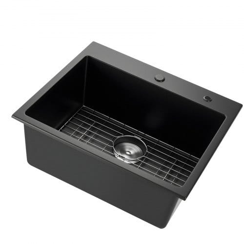 25 inch Kitchen Sink Workstation, Top Mount Granite Sinks, Drop-In Single Bowl Farmhouse Basin with Multiple Accessories, Household Dishwasher Sinks for RV, Prep Kitchen, and Bar (Black)