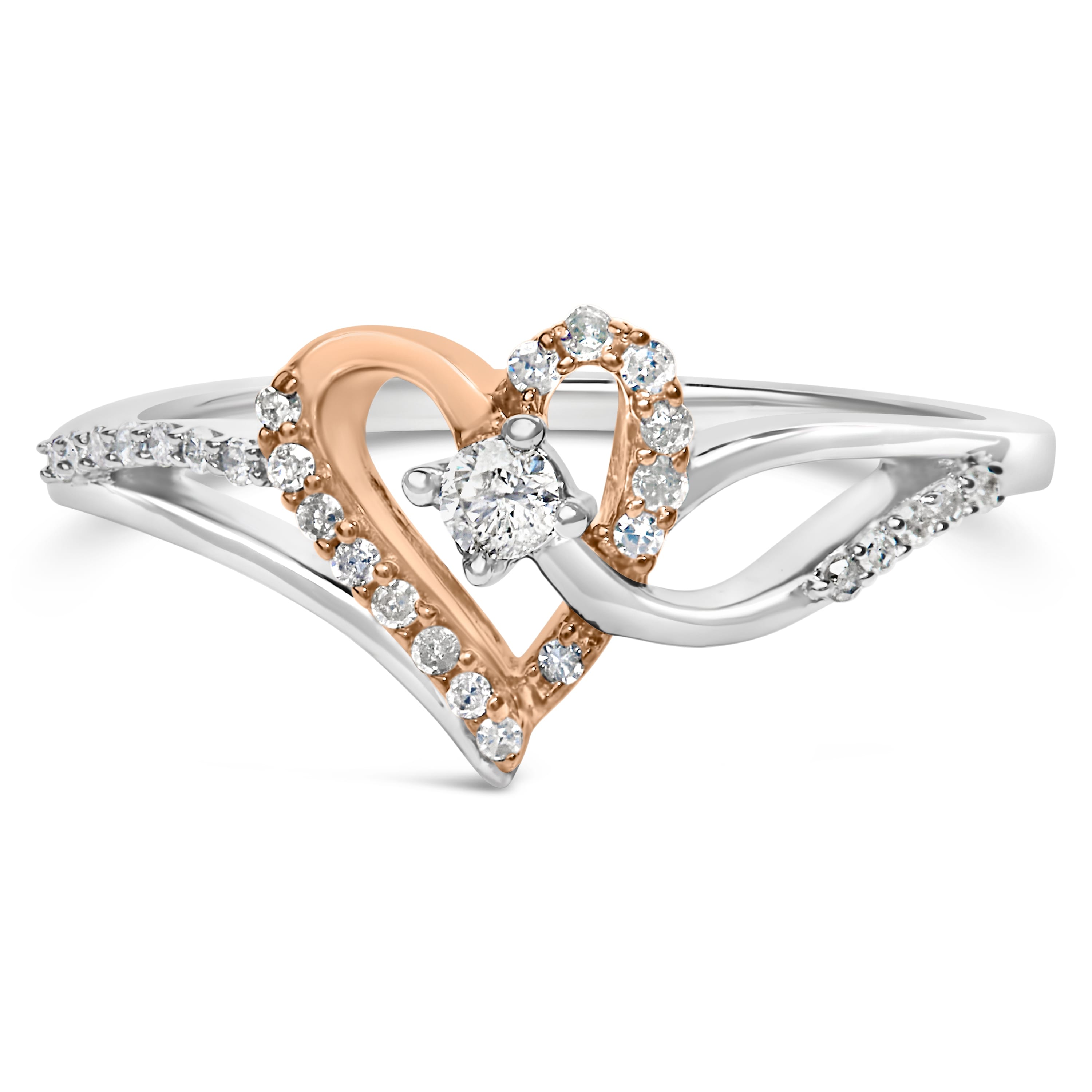 10K Rose Gold over .925 Sterling Silver 1/5 Cttw Diamond Split Shank Open Heart Cocktail Ring (I-J Color, I2-I3 Clarity)