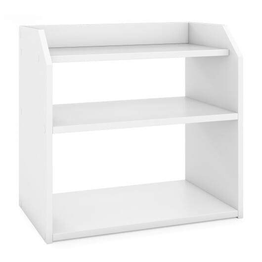 3-Tier Desktop Bookshelf Wooden Countertop Bookcase with Raised Top Guardrails-White - Color: White
