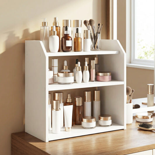 3-Tier Desktop Bookshelf Wooden Countertop Bookcase with Raised Top Guardrails-White - Color: White