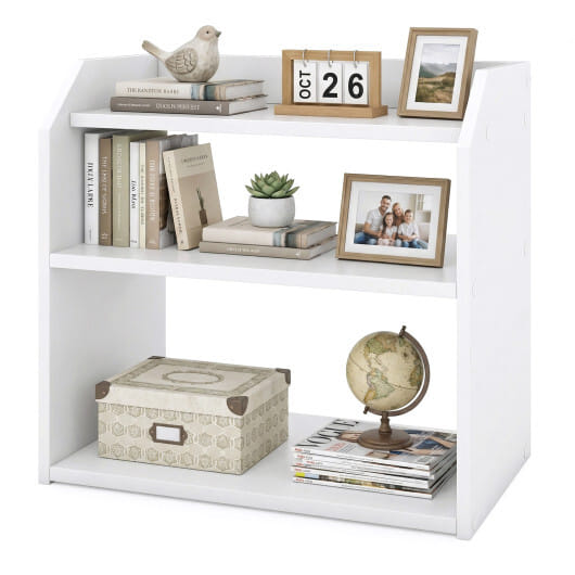 3-Tier Desktop Bookshelf Wooden Countertop Bookcase with Raised Top Guardrails-White - Color: White