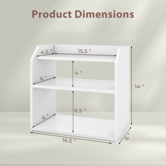3-Tier Desktop Bookshelf Wooden Countertop Bookcase with Raised Top Guardrails-White - Color: White