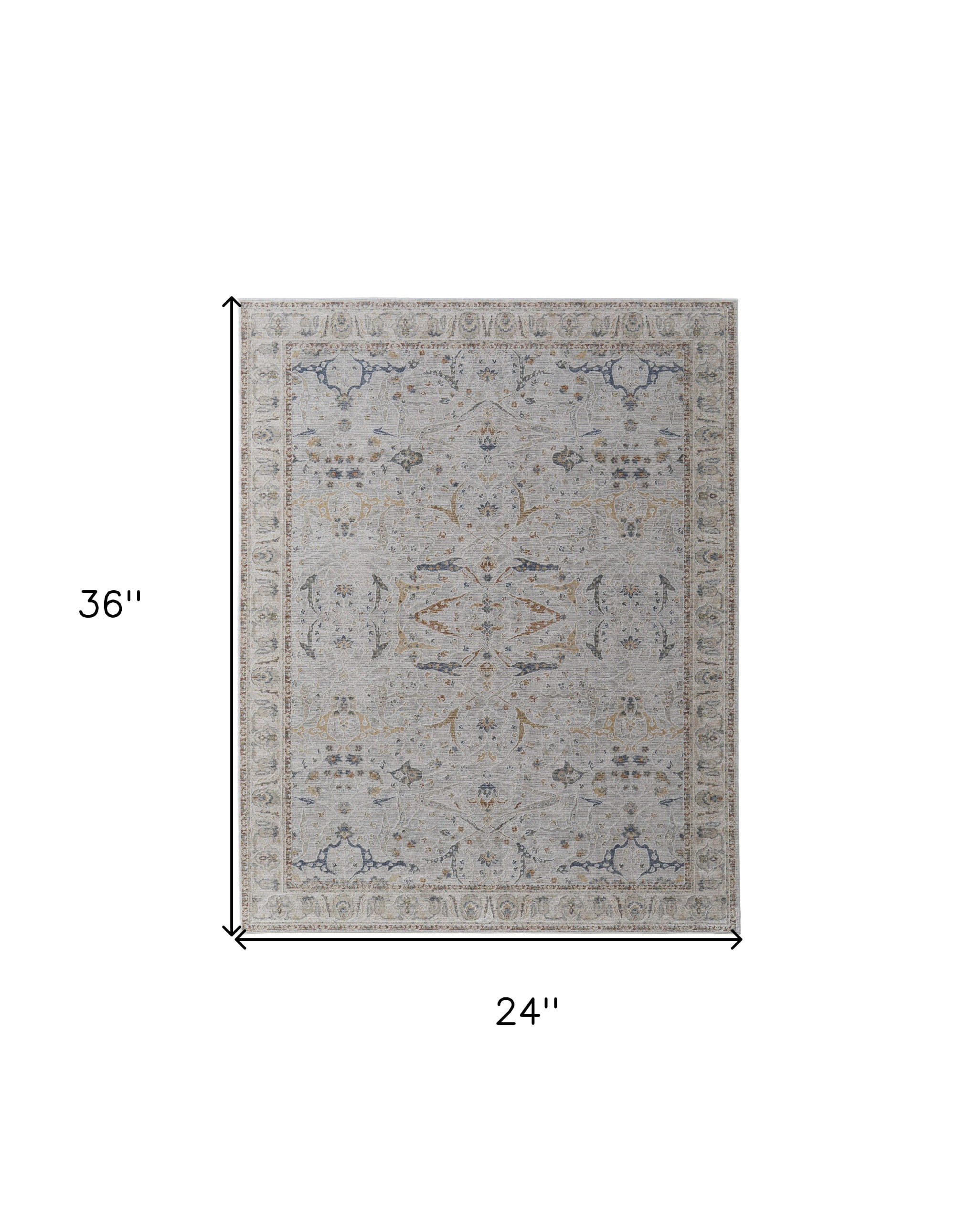2' X 3' Ivory Taupe and Blue Ikat Power Loom Worn Faded Area Rug With Fringe