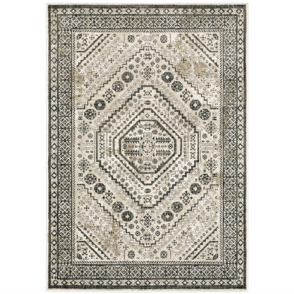 10' X 13' Gray and Ivory Oriental Power Loom Area Rug