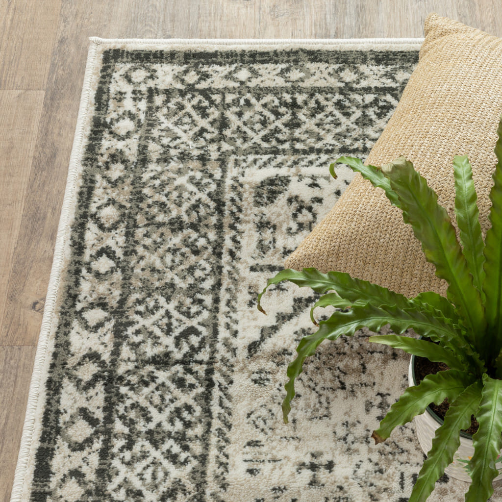 10' X 13' Gray and Ivory Oriental Power Loom Area Rug