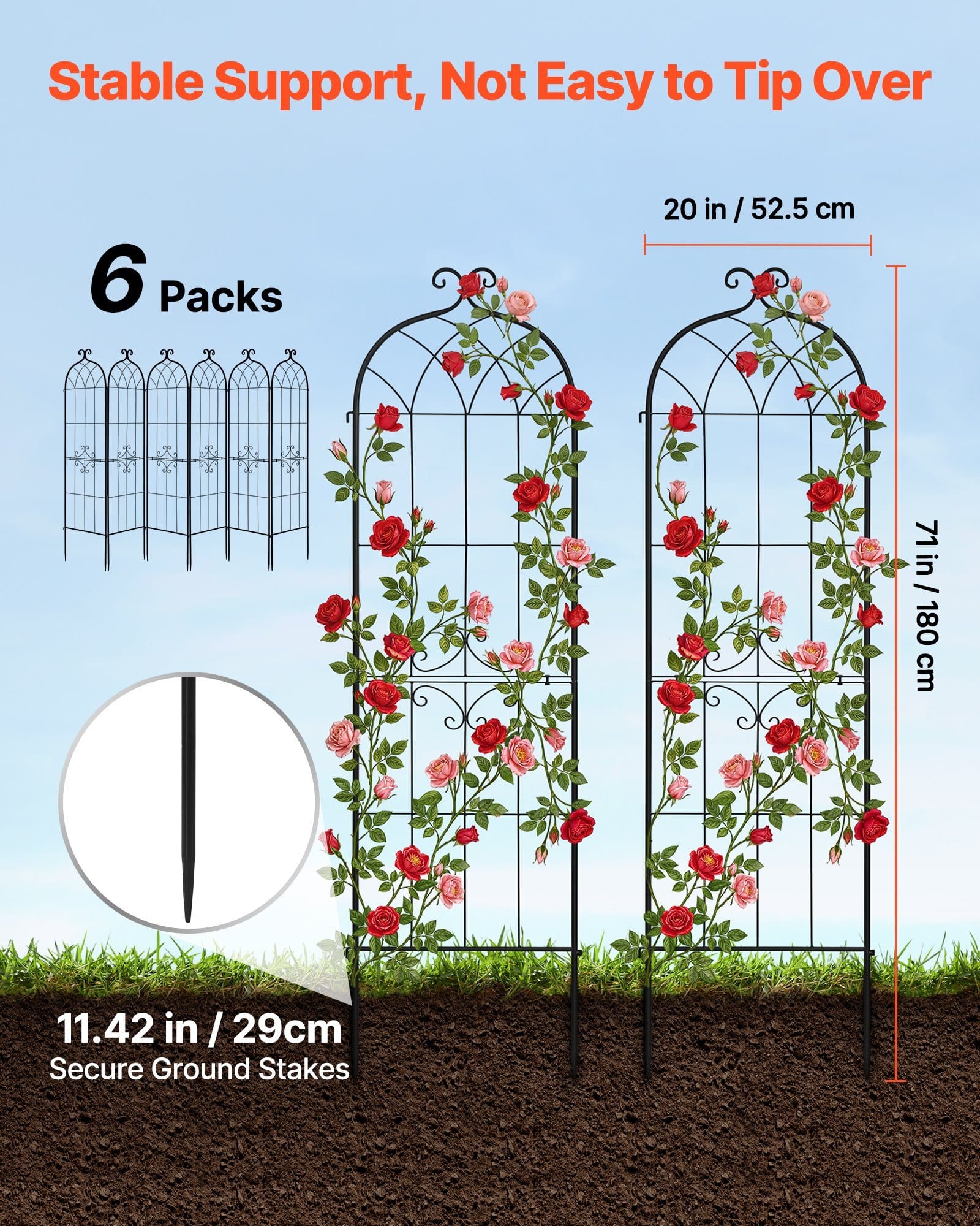 Garden Trellis, 71 x 20 inch Rose Trellis, 6 Packs Garden Flower Rose Trellises with Powder-Coated Finish & Convenient Locking Design, Plant Support Trellises for Flowers, Vegetables, Roses