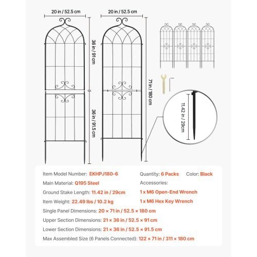 Garden Trellis, 71 x 20 inch Rose Trellis, 6 Packs Garden Flower Rose Trellises with Powder-Coated Finish & Convenient Locking Design, Plant Support Trellises for Flowers, Vegetables, Roses