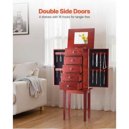 Jewelry Cabinet Armoire, Standing Wood Jewelry Storage Chest with 4 Spacious Drawers, Flip Top Mirror, 4 Top Storage Compartments, Zinc Alloy Handles, 2 Side Doors with 16 Necklace Hooks