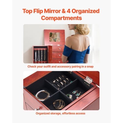 Jewelry Cabinet Armoire, Standing Wood Jewelry Storage Chest with 4 Spacious Drawers, Flip Top Mirror, 4 Top Storage Compartments, Zinc Alloy Handles, 2 Side Doors with 16 Necklace Hooks