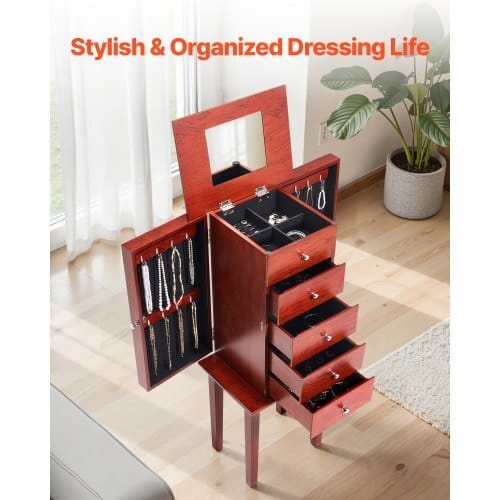 Jewelry Cabinet Armoire, Standing Wood Jewelry Storage Chest with 4 Spacious Drawers, Flip Top Mirror, 4 Top Storage Compartments, Zinc Alloy Handles, 2 Side Doors with 16 Necklace Hooks