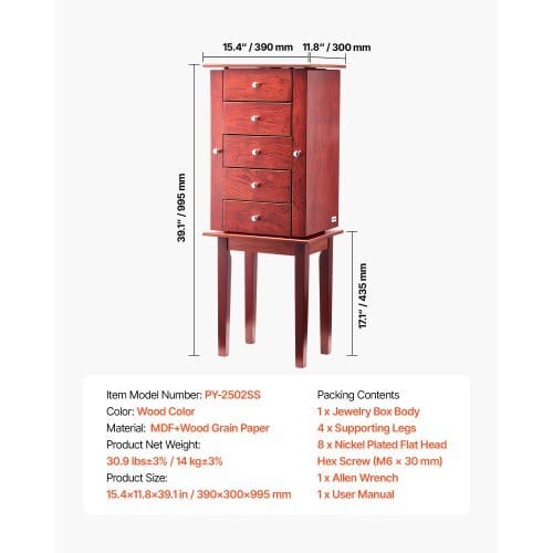 Jewelry Cabinet Armoire, Standing Wood Jewelry Storage Chest with 4 Spacious Drawers, Flip Top Mirror, 4 Top Storage Compartments, Zinc Alloy Handles, 2 Side Doors with 16 Necklace Hooks
